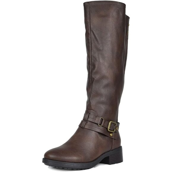 ⚡Women's Brown Knee High Boots Buckle Instep Zipper Motorcyle Riding Boots - Picture 1 of 8